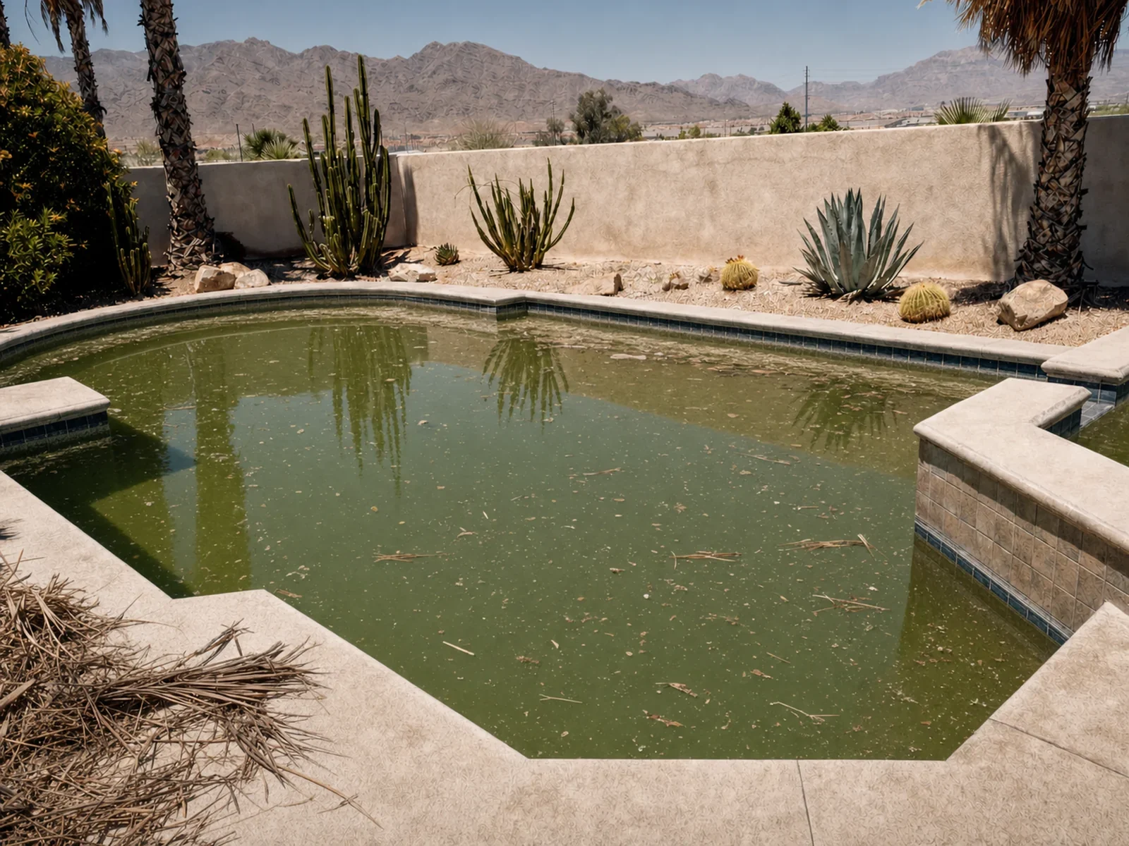 The same pool before service, opaque green with algae and debris