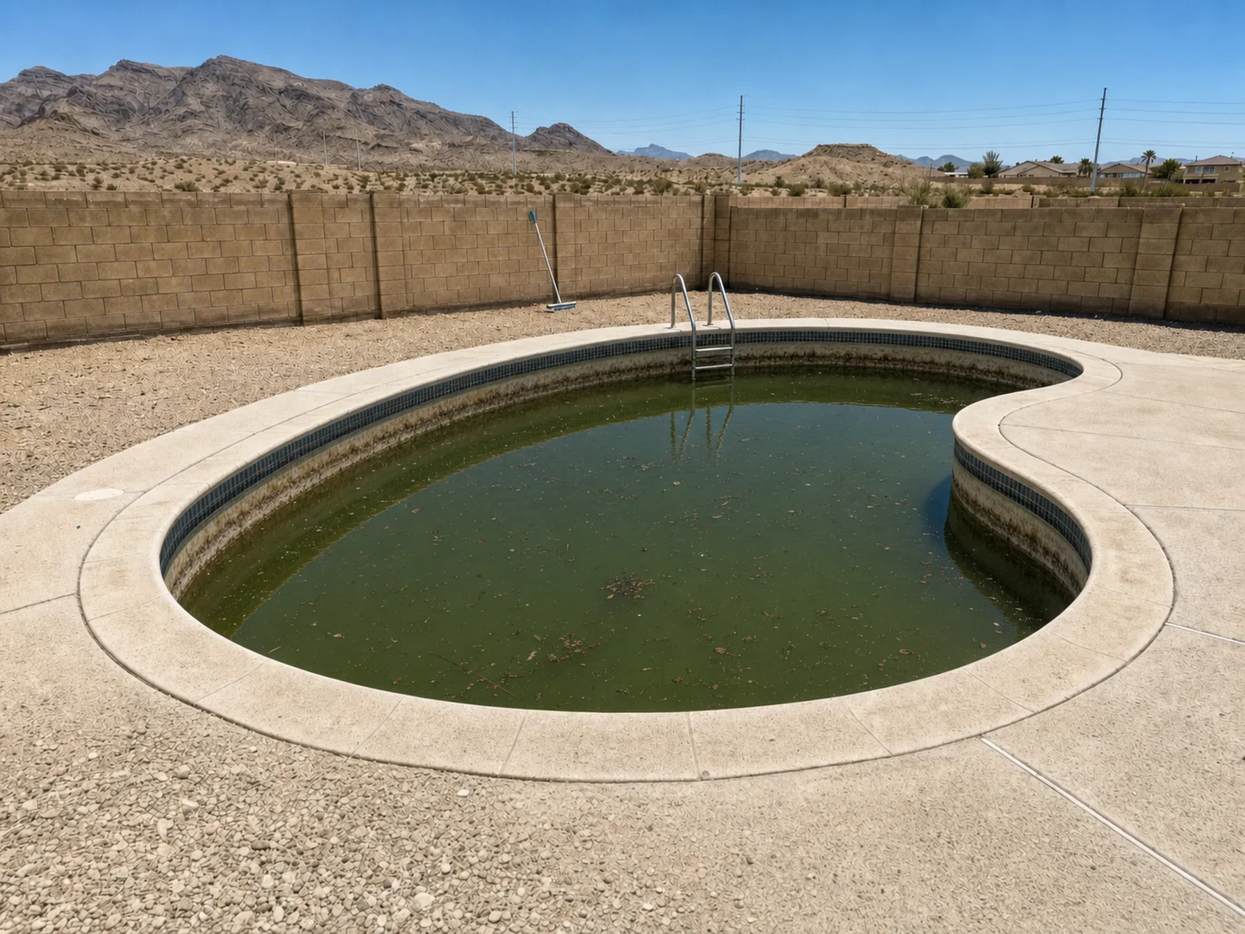 The same kidney pool before service, stagnant with a scum line