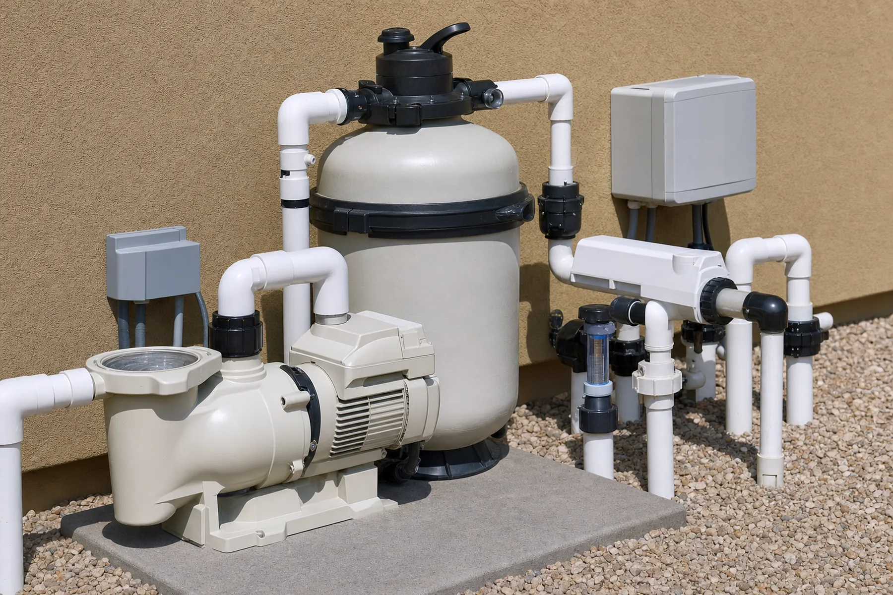 Clean pool equipment pad with pump, filter and salt cell