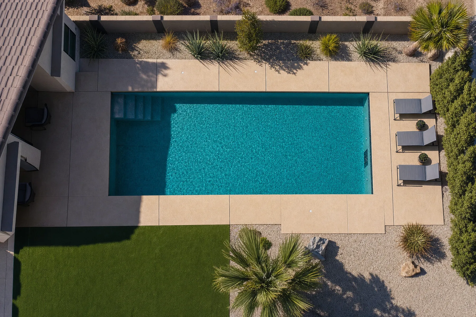 Overhead view of a clean rectangular desert backyard pool