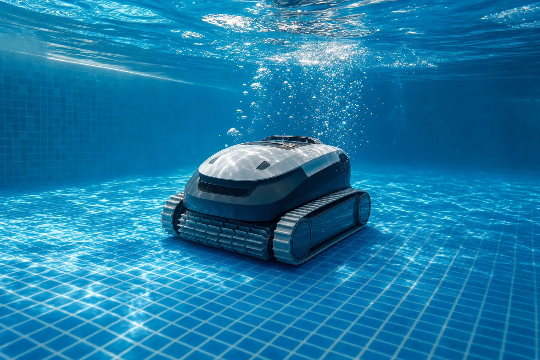 Robotic pool cleaner working along a blue tiled pool floor