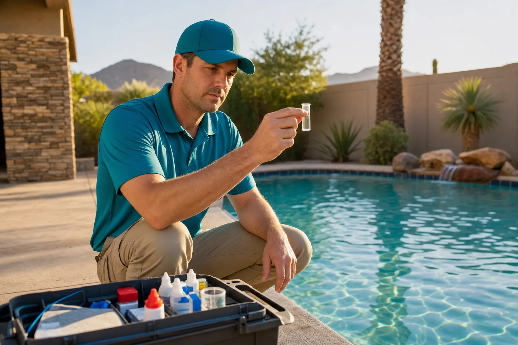 A BubbleTech technician testing pool water at the edge of a Las Vegas pool
